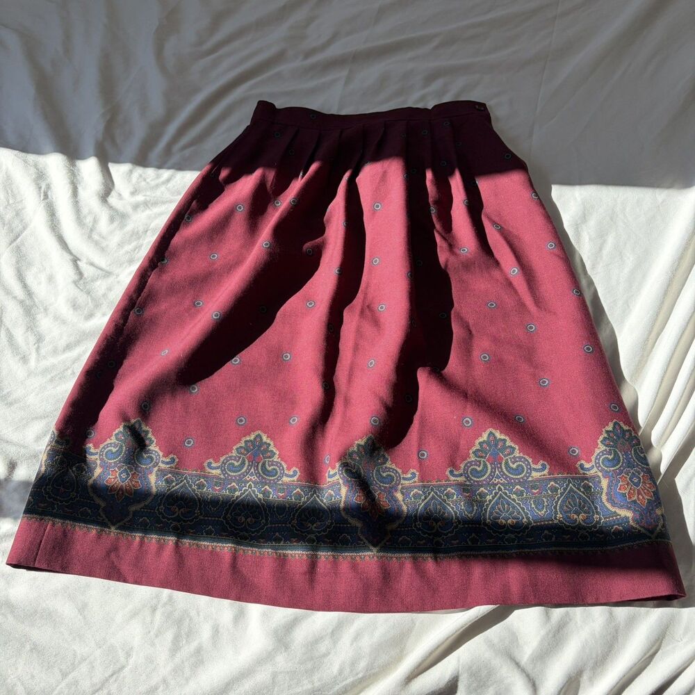Vtg Lands End Wool Charter Collection Skirt Womens 12 Red Paisley Pleat USA